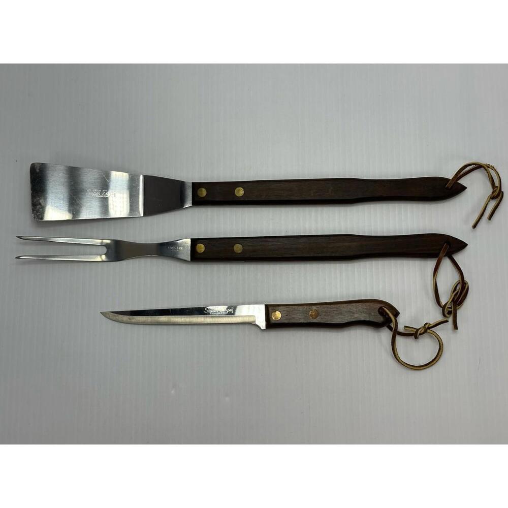 Vintage Utica Super Edge Stainless Spatula Meat Fork Knife Wood Handle